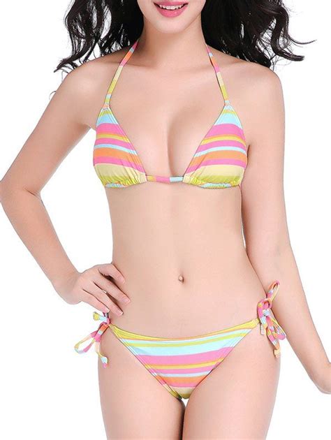 Pink Xl Halter Stripe String Bikini Rosegal