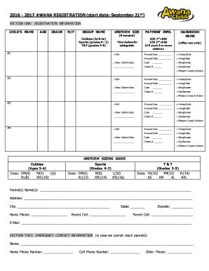 Fillable Online Utown 2016 2017 Awana Registration Form Utown Fax