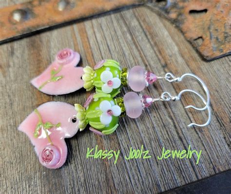 Enameled Heart Charms Glass Floral Lampwork Bead Earrings Artisan Lampwork Beads Artisan Enamel