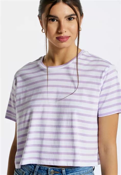 Jual Max Fashions Max Fashions Striped Crop T Shirt With Round Neck And