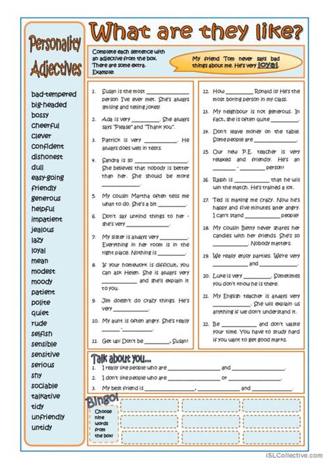 Personality Adjectives Reading Worksheet