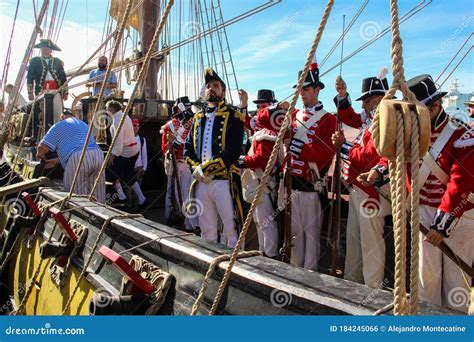 Captain Of The Royal Navy In The 18th Century On A Ship With His Crew