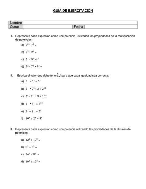 Guia De Ejercitacion Multiplicacion Y Division De Potencias Con Igual