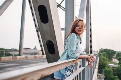 Portrait Of Woman On Bridge Stock Photo Image Of People Leisure