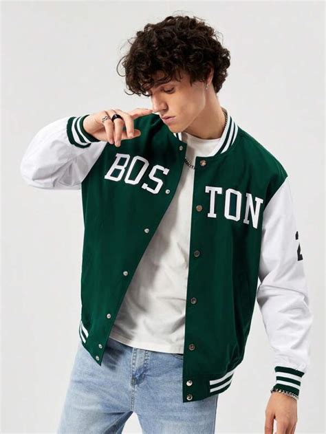 Shein Men Letter Graphic Striped Trim Varsity Jacket Shein Uk