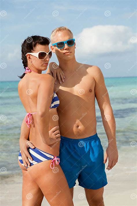 Trendy Couple Posing In Swimwear At The Sea Stock Image Image Of