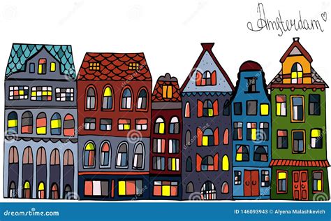 Set Amsterdam Old Houses Cartoon Facades Traditional Architecture Of