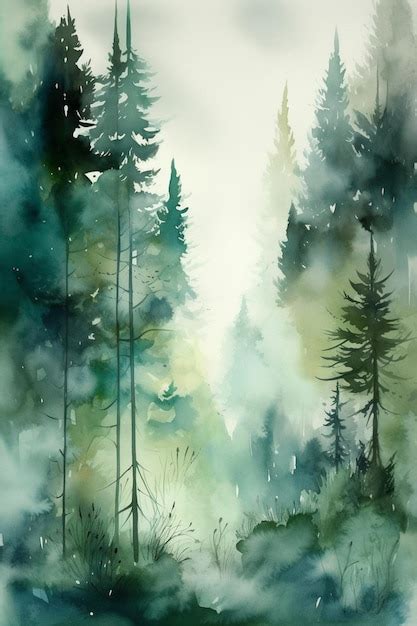 Una Pintura De Acuarela De Un Bosque Con Un Bosque Al Fondo Foto Premium