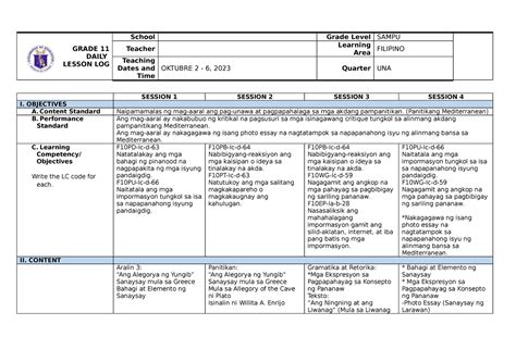 3 Filipino 10 Copy Dll Grade 11 Daily Lesson Log School Grade Level Sampu Teacher