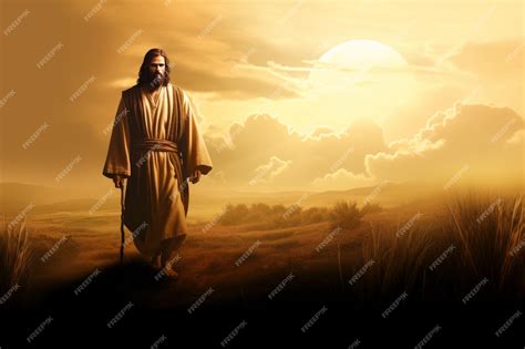 Premium Ai Image Jesus Walking In A Field At Sunset