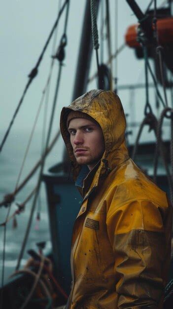 Premium Photo Man In Yellow Raincoat On Boat