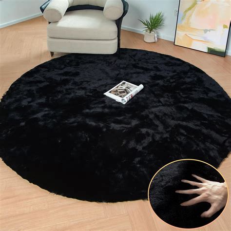 ORINOVA Black Round Rugs 8ft Machine Washable Rabbit Fur Area Rug Large