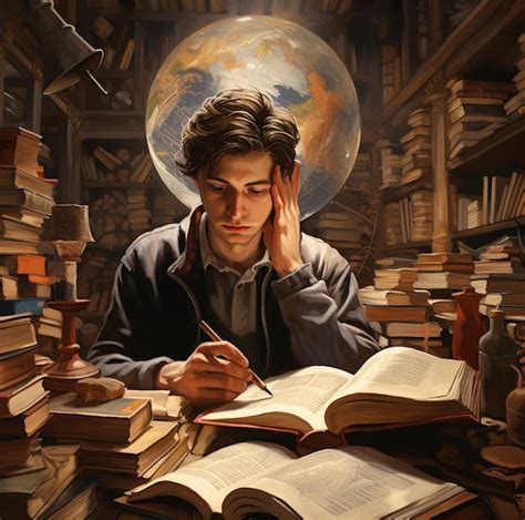 Una pintura de un hombre leyendo un libro con un globo terráqueo al