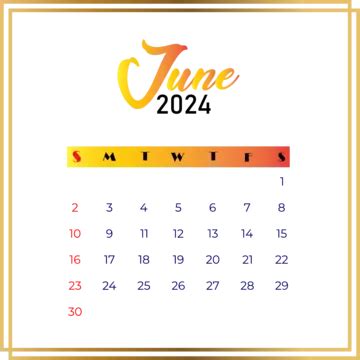 Conception De Modèle De Calendrier Mensuel De Juin 2024 Vecteur PNG