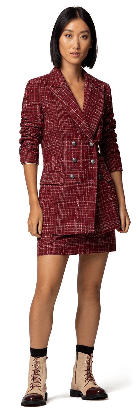 Burgundy Double Breasted Plaid Tweed Short Skirt Suit Relaxed Fit