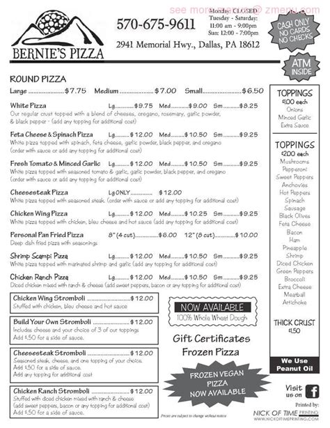 Menu at Bernie's Pizza pizzeria, Dallas