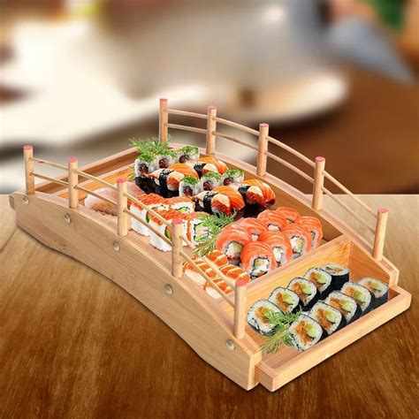 Japanese Wooden Wood Cuisine Sushi Bridge Boats Pine Creative Sushi