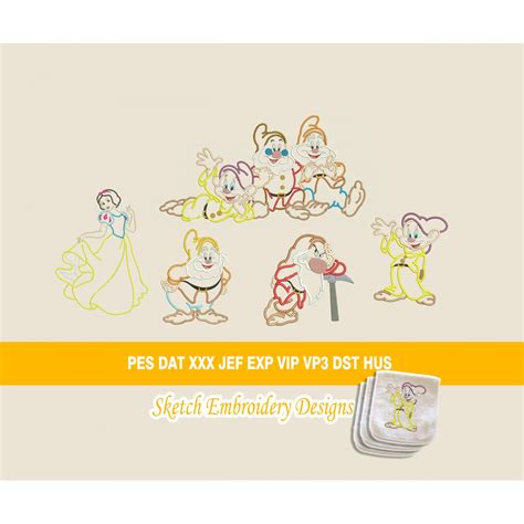 Set The Seven Dwarfs Snow White Sketch Embroidery Designs