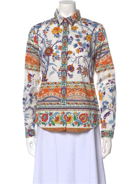 Etro Printed Long Sleeve Button Up Top White Tops Clothing