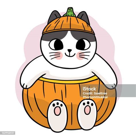 Kartun Lucu Tangan Menggambar Kucing Labu Halloween Hari Vektor