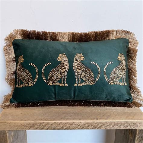 Dark Green Leopards Luxury Velvet Cushion Cover With Golden Fringe