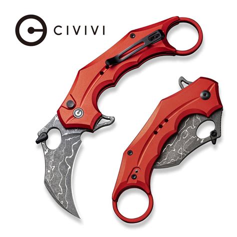 Civivi Incisor Ii Button Lock Knife Red Aluminum Handle 202 Damascu