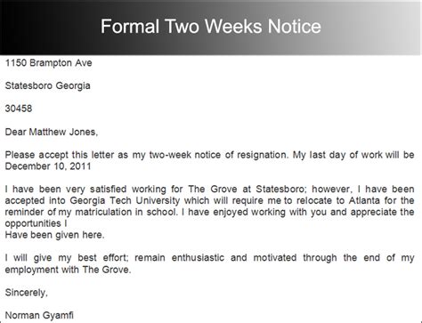 40 Two Weeks Notice Letter Templates Free Pdf Formats