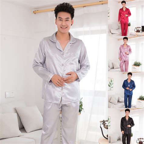 Iaukyu Silk Satin Men Pajamas Set Fashion Sleepwear Couple Solid Color Long Sleeve Suit