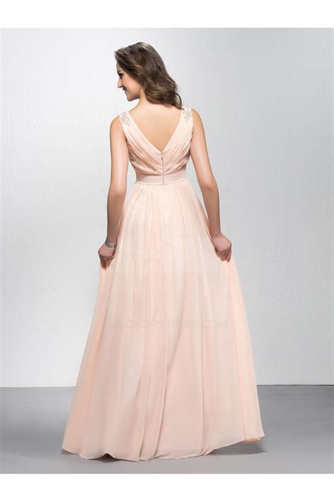 A Line V Neck Beaded Long Chiffon Prom Evening Formal Party Dresses