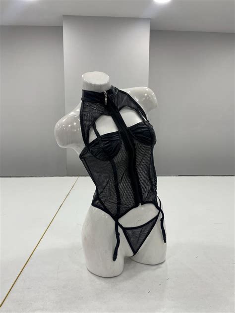 Black Mesh Faux Leather Lingerie Set With Zip And Strappy Details Etsy