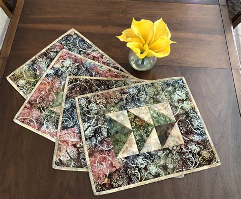 Quilted Batik Placemat Set Set Of Four Of Quilted Placemats Green Tan