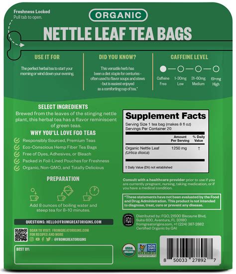 Fgo From Great Origins Nettle Leaf Herbal Tea Organic Tea Bags 20