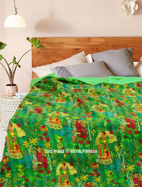 Green Multi Frida Kahlo Printed Bohemian Indian Kantha Quilt Blanket