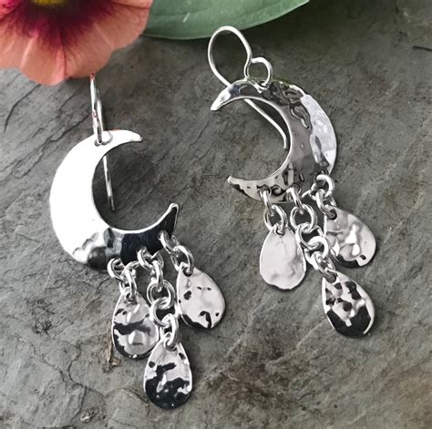 Sterling Silver Hammered Crescent Moon Teardrop Earrings