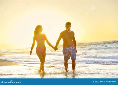 Honeymoon Romantic Couple In Love At Beach Sunset Stock Image Image