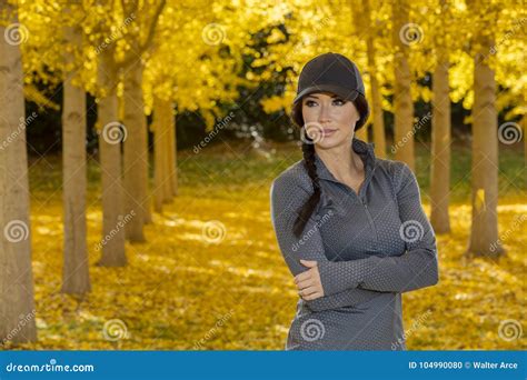 Beautiful Korean Brunette Model Posing In A Field Of Yellow Leav Stock Photo Image Of Autumn