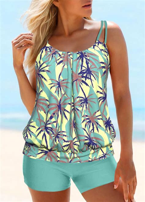 Tropical Plants Print Patchwork Mint Green Tankini Set Rosewe