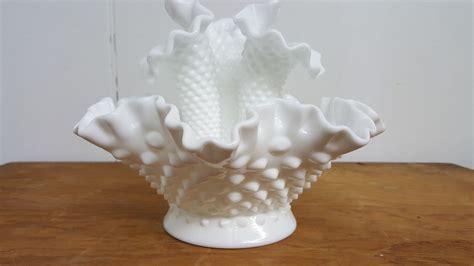 Fenton Milk Glass Hobnail Ruffled Art Centerpiece Flower Epergne 3 Horn