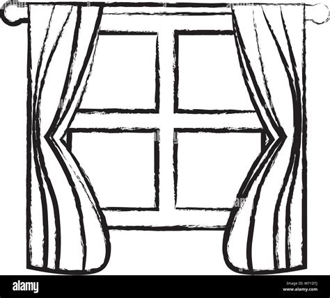 Sketch Of House Window With Curtains Over White Background Vector