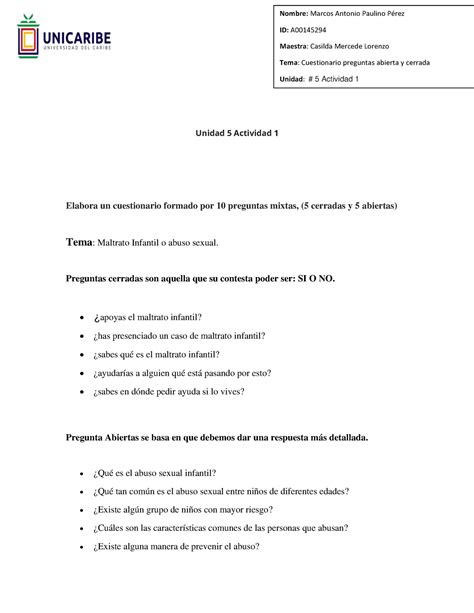 Paulino Marcos El Cuestionario Unidad Actividad Elabora Un