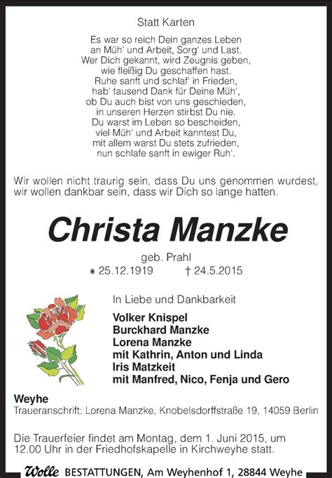 Traueranzeigen Von Christa Manzke Trauer Kreiszeitung De