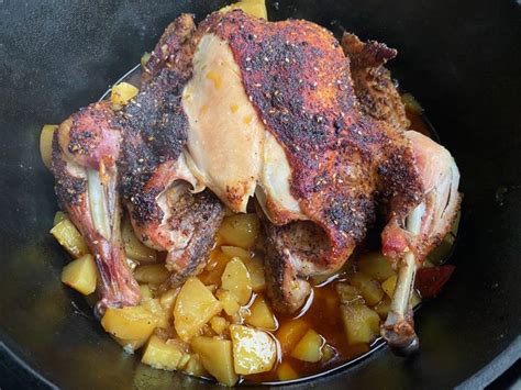 Ganzes Hähnchen mit Knoblauch Kartoffeln und Rosmarin aus dem Dutch