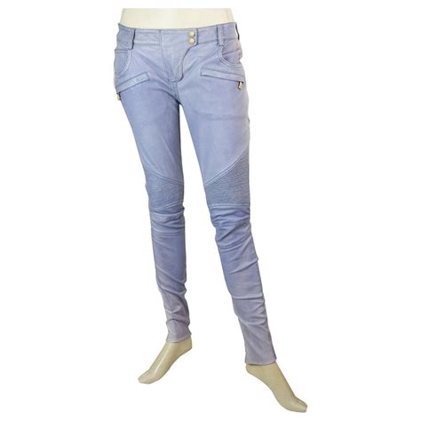 Balmain Blue Lambskin Leather Biker Jeans Size Pants Trousers Zips