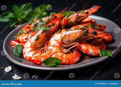 Plate Of Tiger Shrimp Prawns Topped With Fresh Herbs And Spices Stock