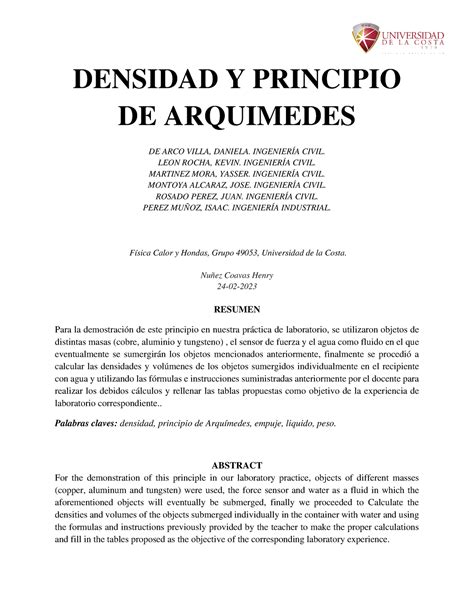 Densidad Y Principo DE Arquimedes 1111 DENSIDAD Y PRINCIPIO DE