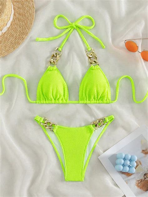 Sexy Neon Green Piece Bikini Set Women Halter Metal Stap Push Up
