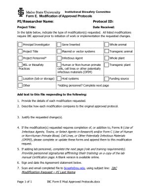 Fillable Online Form E Modification Of Approved Protocols PI