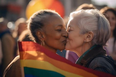 Premium Ai Image Happy Lesbian Couple Kiss And Holding Rainbow Flags