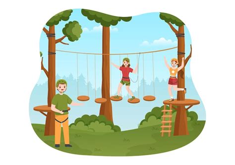 Premium Vector Zip Line Illustration With Visitors Walking On An