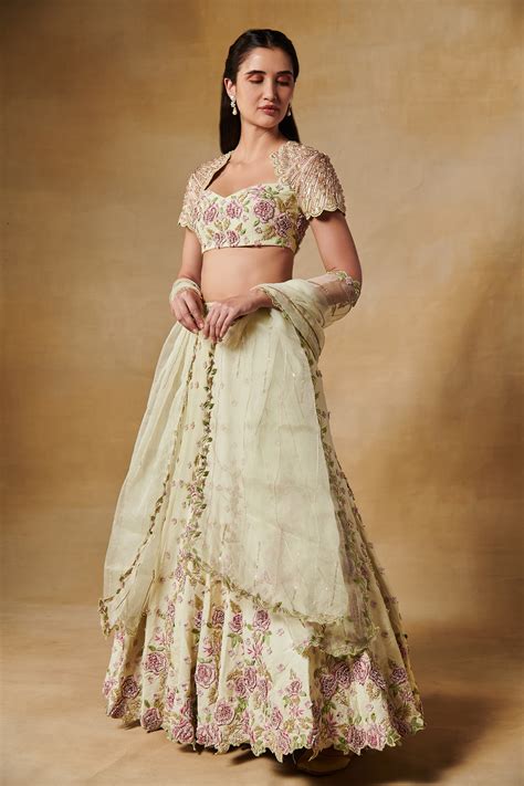 Buy Green Dupion Silk Embroidered Floral Resham Mermaid Cut Lehenga Set